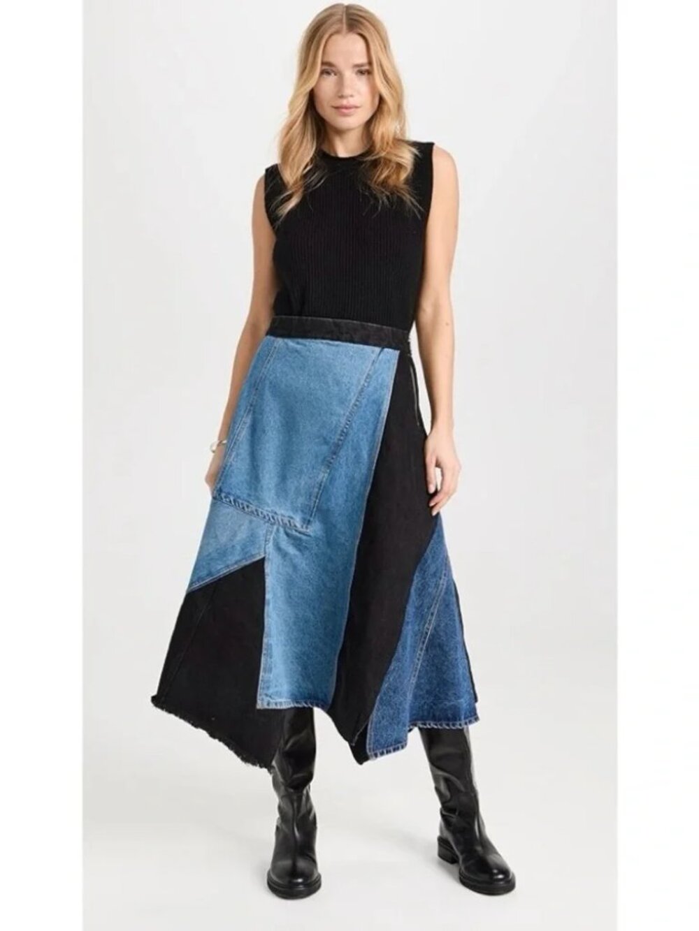 SEA New York Elena Skirt baggy pieced Denim Patchwork Midi Grunge asymmetric 6 - Picture 14 of 16
